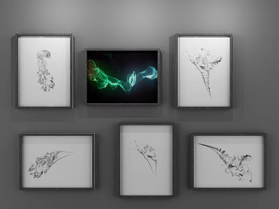 Six Abstract Paintings Hanging on Gray Wall With Central Colorful Surrounding Black White Framed Artworks 3d model