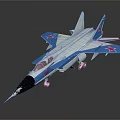 Blue And White Fighter Jet Model With Red Star Markings On Wings And Detailed Design