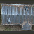 Red Brick Building Model With Blue Metal Roof Chimney Wooden Door And Windows