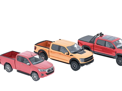 Three Pickup Trucks in Pink Orange and Red Colors Parked Together 3d model