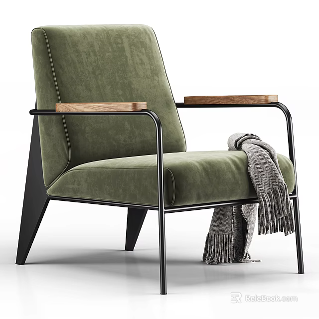 Green Velvet Single Sofa With Wooden Armrests Black Metal Legs And Gray Fringed Blanket 3d model 