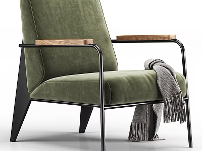 Green Velvet Single Sofa With Wooden Armrests Black Metal Legs And Gray Fringed Blanket 3d model