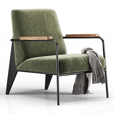 Green Velvet Single Sofa With Wooden Armrests Black Metal Legs And Gray Fringed Blanket 3d model
