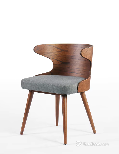Modern Curved Back Accent Chair With Wooden Frame Gray Fabric Cushion And Tapered Legs 3d model 