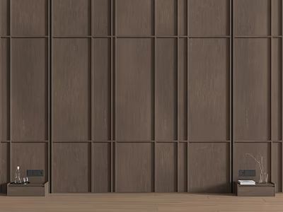 Brown Wooden Background Wall With Modern Geometric Panel Design And Lower Shelves With Vase And Books 3d model