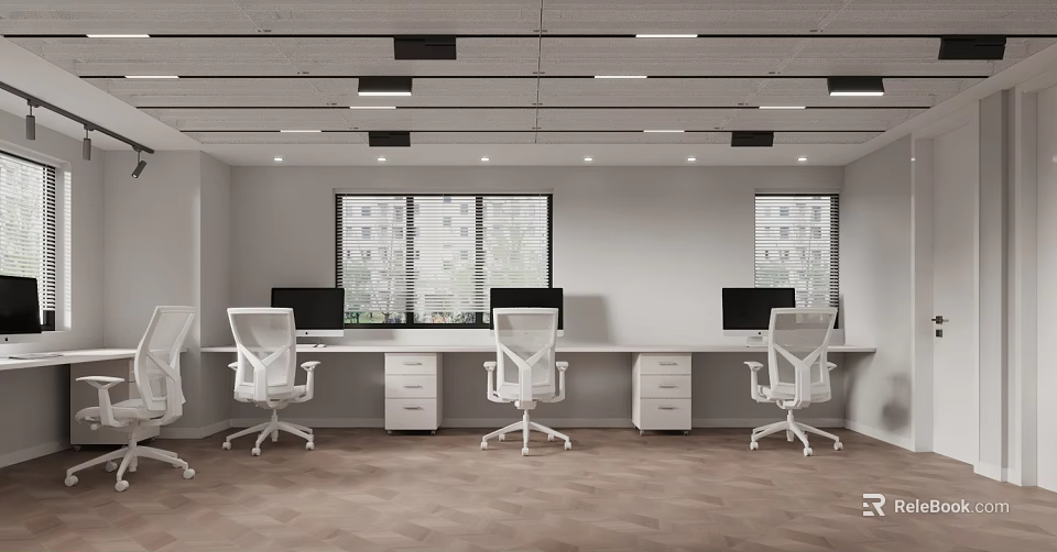 Modern Public Office Space Featuring Spacious Desks Ergonomic Chairs Computer Monitors Windows and Recessed Lighting 3d model 