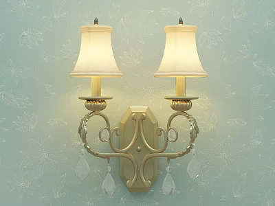 Elegant Golden Wall Sconces with Cream Lampshades and Crystal Pendants on Light Blue Wallpaper 3d model
