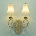 Elegant Golden Wall Sconces with Cream Lampshades and Crystal Pendants on Light Blue Wallpaper