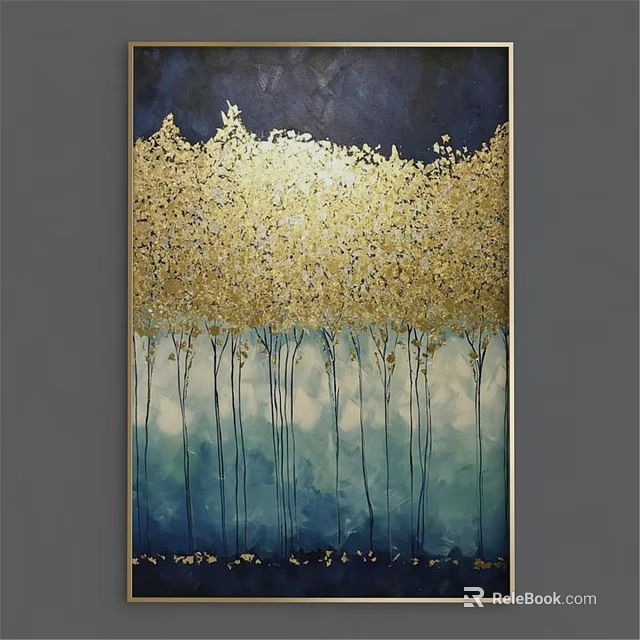 Elegant Modern Picture Frame Featuring Golden Trees On Dark Blue Light Blue Gradient Background 3d model 