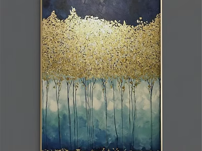 Elegant Modern Picture Frame Featuring Golden Trees On Dark Blue Light Blue Gradient Background 3d model