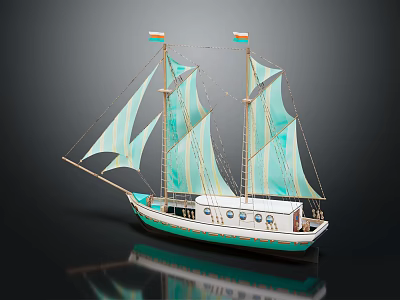 Sailboat Model With Turquoise Sails Multiple Masts White Hull And Decorative Windows 3d model