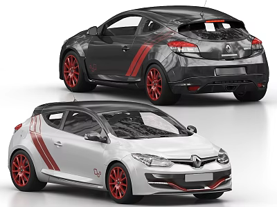 Two Stylish Black And White Cars With Red Stripes And Red Wheels 3d model