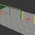 Playground Equipment Featuring Red Frames Yellow Green Swing Seats On Gray Playground Surface 3d model