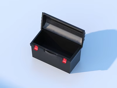 Open Black Toolbox Featuring Red Latches and Empty Interior on Light Blue Background 3d model