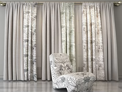 Gray Patterned Curtains And Accent Chair In Modern Interior With Wooden Floor 3d model