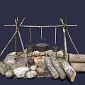 Outdoor Garden Feature With Stone Circle Fire Pit And Wooden Frame Hanging Metal Buckets
