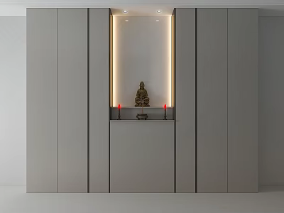 Modern Buddhist Shrine Cabinet With Buddha Statue Red Candles And Soft Lighting 3d model