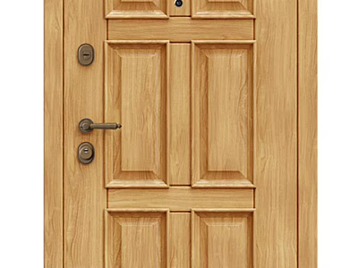 Wooden Swing Door With Carved Panels Handle And Natural Wood Grain 3d model