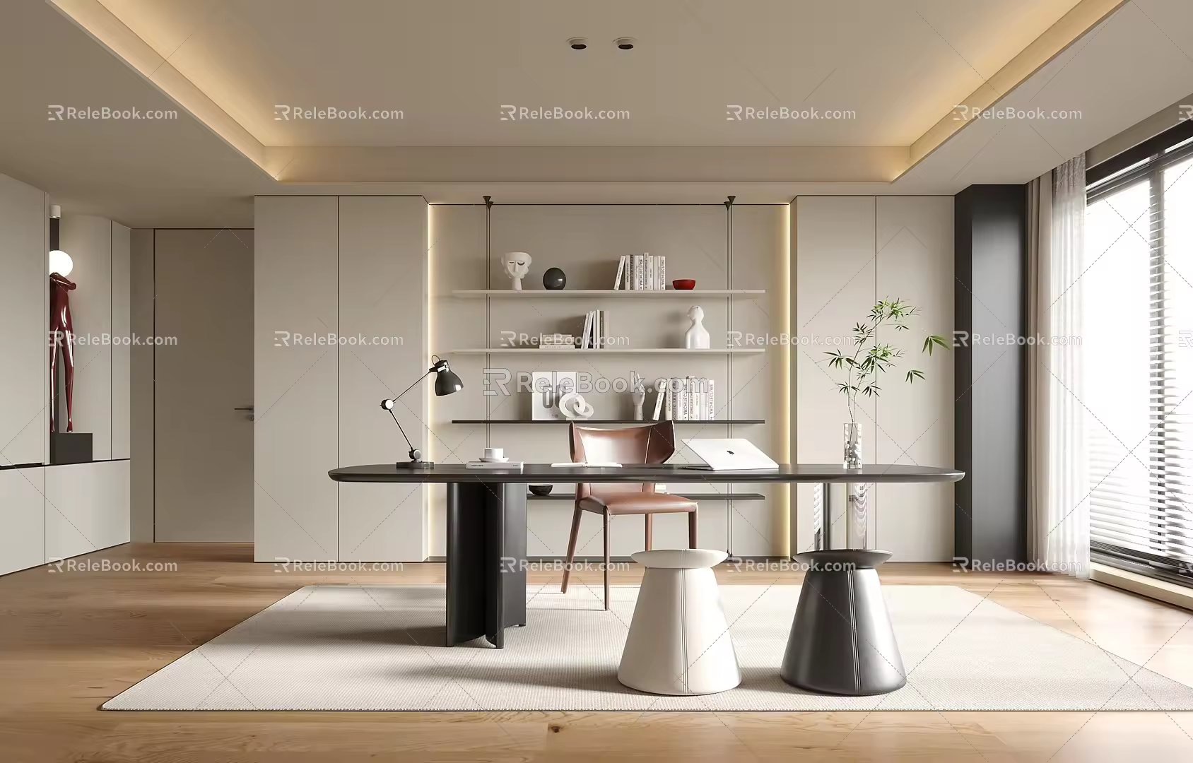 Modern Study Desk and Chair Bookcase Bookshelf Stool 3d model