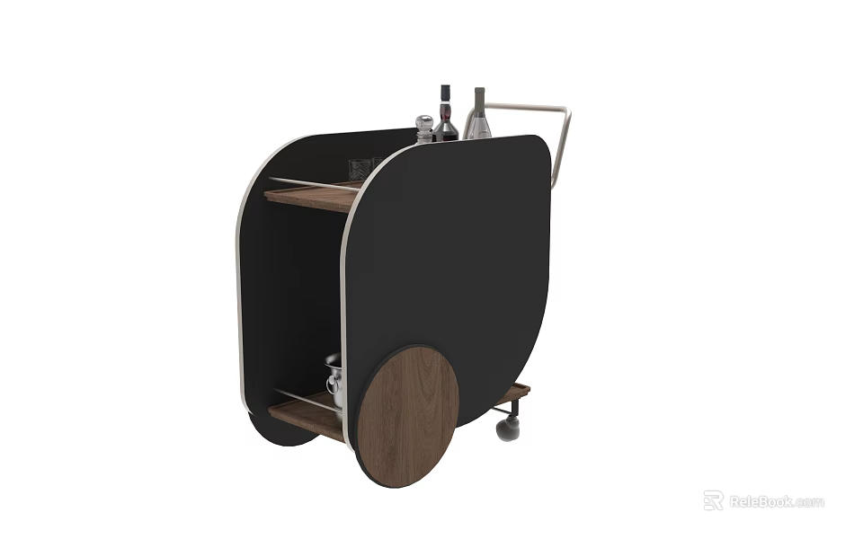 Stylish Black Wooden Decorative Cart Set With Wine Bottles And Glasses 3d model 