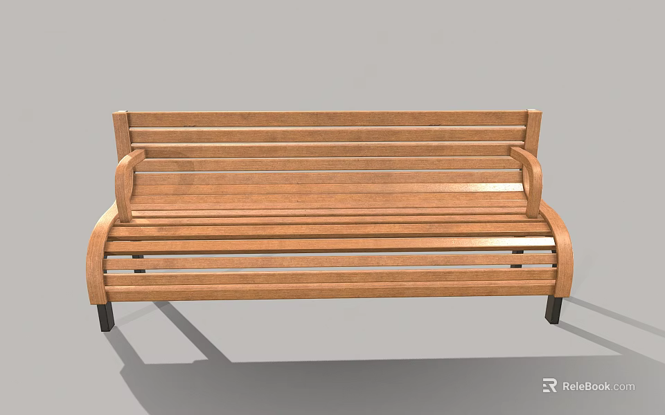 Slatted Wooden Public Bench With Armrests And Black Legs For Outdoor Spaces 3d model 