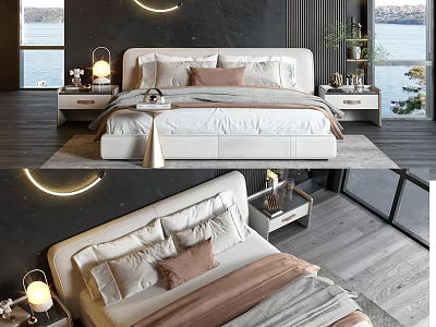 Modern Double Bed Interior With Nightstand Table Lamp Pillows And Window View 3d model