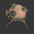 Vintage Copper Diving Helmet Featuring Circular Viewing Windows And Metal Pipes