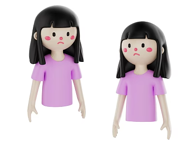 Cartoon Game Movie Characters With Black Long Hair And Pink T-shirts Sad Expressions 3d model