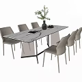 Modern Minimalist Dining Table Set with Rectangular Top Grey Chairs and Green Plant 3d model