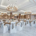 Modern Luxury Banquet Hall With Chandeliers Dining Tables Chairs Fresh Flowers And Marble Floor