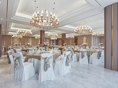 Modern Luxury Banquet Hall With Chandeliers Dining Tables Chairs Fresh Flowers And Marble Floor 3d model