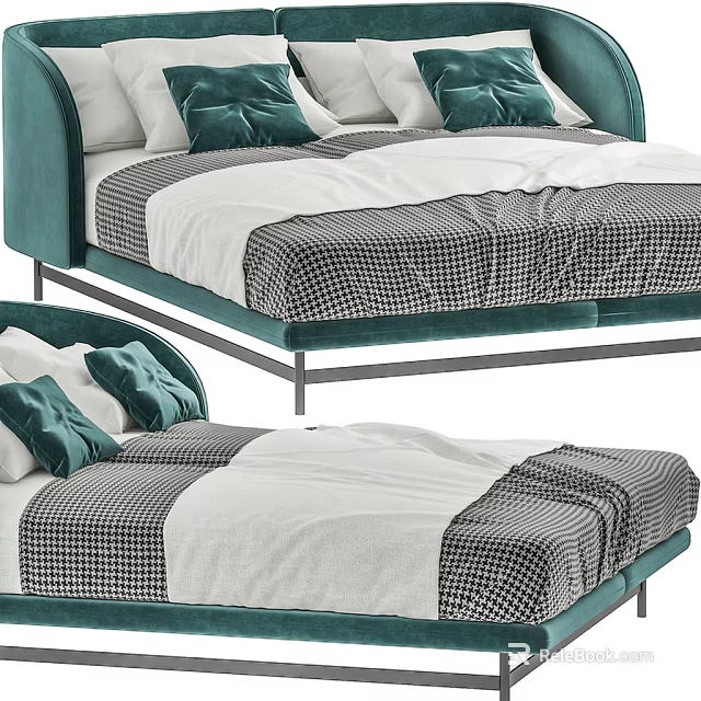 Modern Green Velvet Upholstered Double Bed With Houndstooth Pattern Sheets And Velvet Pillows 3d model 
