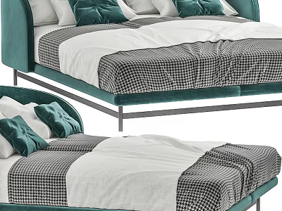 Modern Green Velvet Upholstered Double Bed With Houndstooth Pattern Sheets And Velvet Pillows 3d model