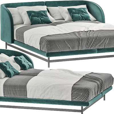 Modern Green Velvet Upholstered Double Bed With Houndstooth Pattern Sheets And Velvet Pillows 3d model