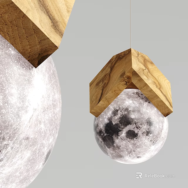 Modern Chandelier Design With Wooden Cube And Moon Surface Sphere 3d model 