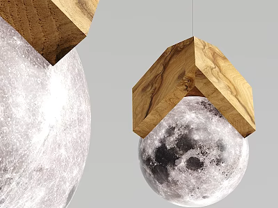 Modern Chandelier Design With Wooden Cube And Moon Surface Sphere 3d model