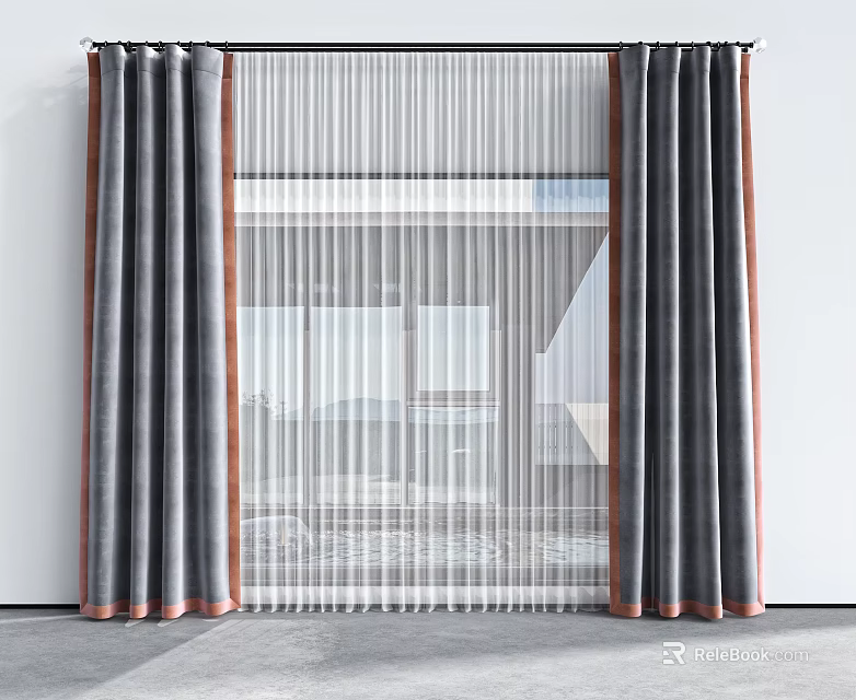 Modern Double Layer Curtains With Sheer And Fabric 3d model 