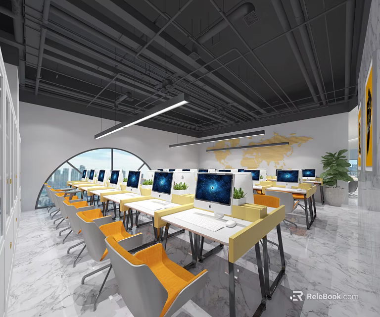 Modern Public Office Space With Multiple Computers Orange Chairs White Yellow Desks And Green Plants 3d model 