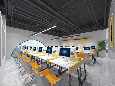 Modern Public Office Space With Multiple Computers Orange Chairs White Yellow Desks And Green Plants 3d model