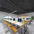 Modern Public Office Space With Multiple Computers Orange Chairs White Yellow Desks And Green Plants