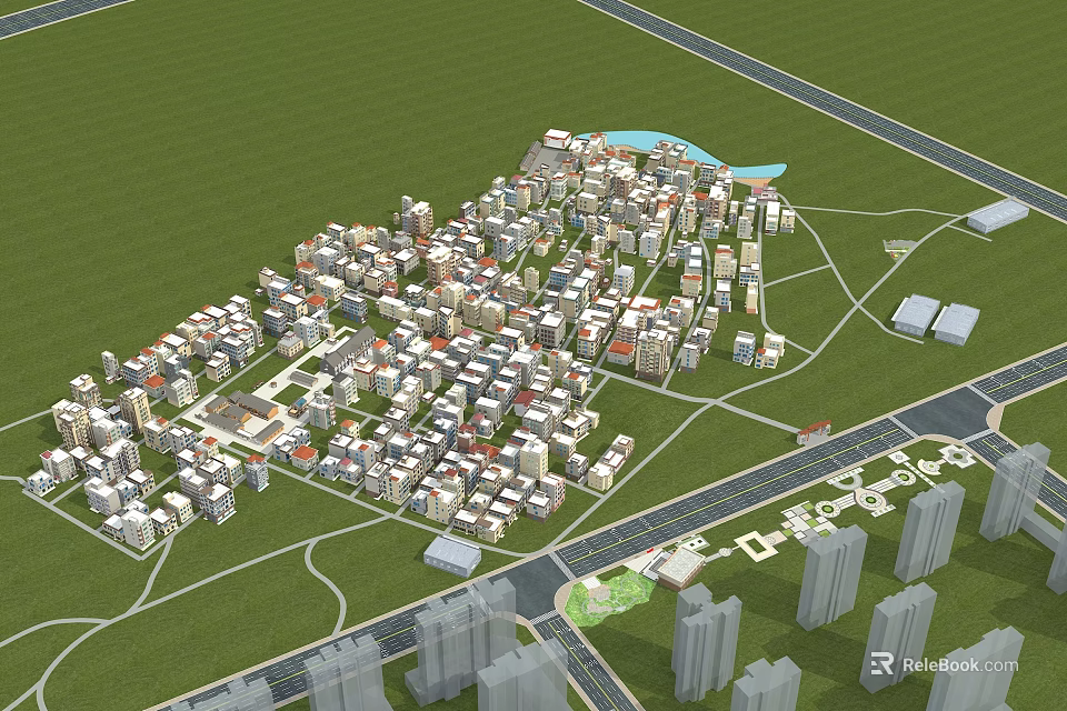 Aerial View Planning of Residential Area With Buildings Green Spaces and Road Networks 3d model 
