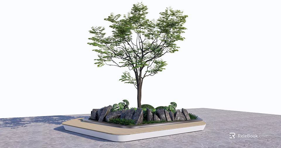 Square Tree Planter Design With Central Tree Stones And Green Plants 3d model
