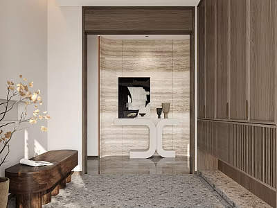 Modern Entryway With Wooden Cabinets Bench Gray Stone Flooring And White Geometric Table 3d model