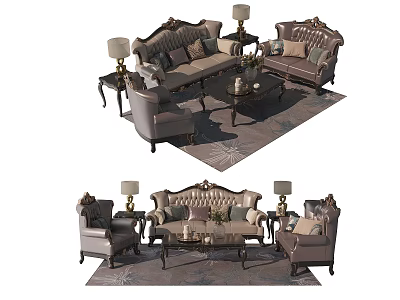 Classic Sofa And Coffee Table Set With Armchairs Lamps Rug Cushions And Carved Details 3d model
