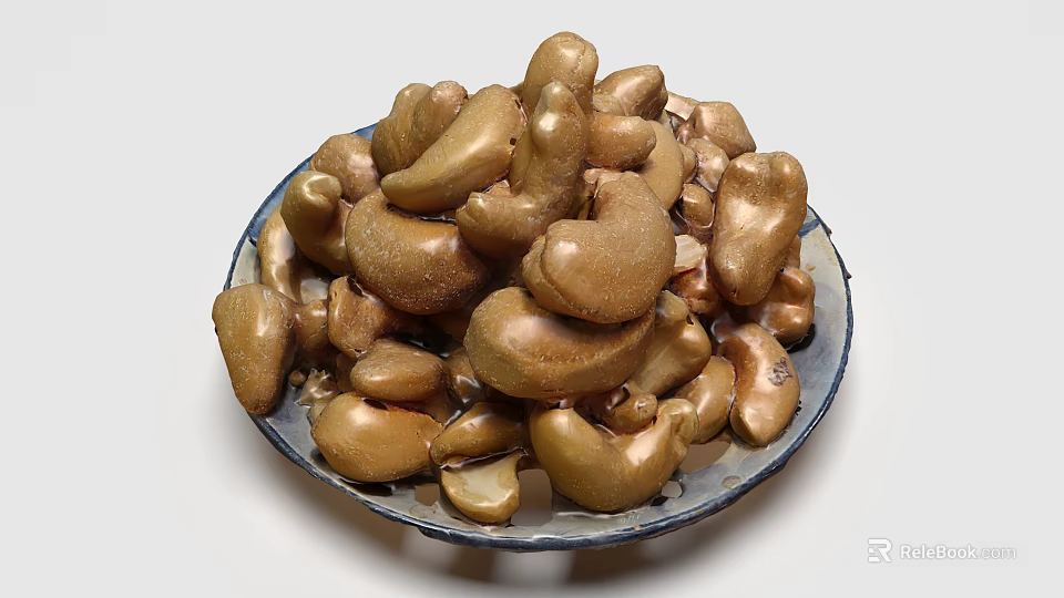 Fresh Whole Cashew Nuts Arranged on a Blue Rimmed Ceramic Plate 3d model 