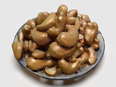 Fresh Whole Cashew Nuts Arranged on a Blue Rimmed Ceramic Plate 3d model