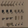 Assorted Decorative Hooks On Wooden Wall With Different Designs And Shapes 3d model