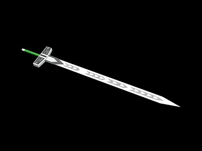 Tech Exhibition Hall Display Featuring Silver Blade Sword With Green Hilt And Patterns 3d model