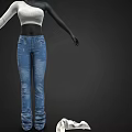 One Shoulder White Ribbed Knit Crop Top And Blue Denim Jeans Fashion Outfit