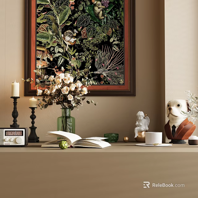 Decorative Ornament Combination With Framed Artwork Vase Flowers Candles Open Book Vintage Radio And Figurines 3d model 